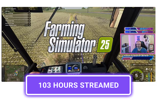 A creator streaming Farming Simulator 25, with a 103 hours streamed badge